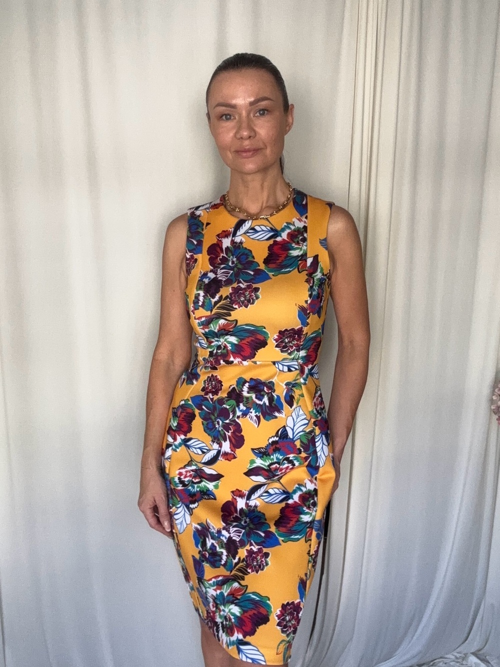 Sleeveless Yellow Floral Sheath Dress